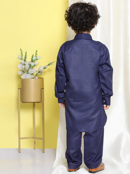 Boys Blue Solid Cotton Blend Pathani Suit Set for Kids
