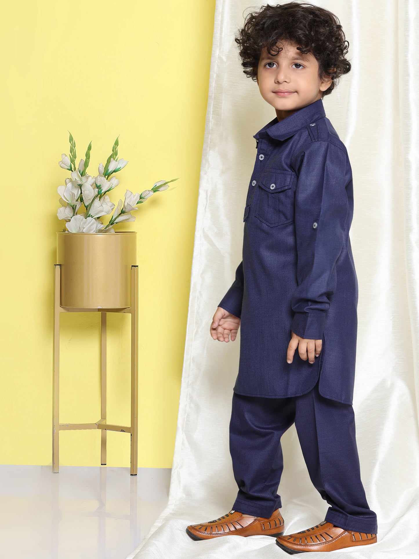 Boys Blue Solid Cotton Blend Pathani Suit Set for Kids