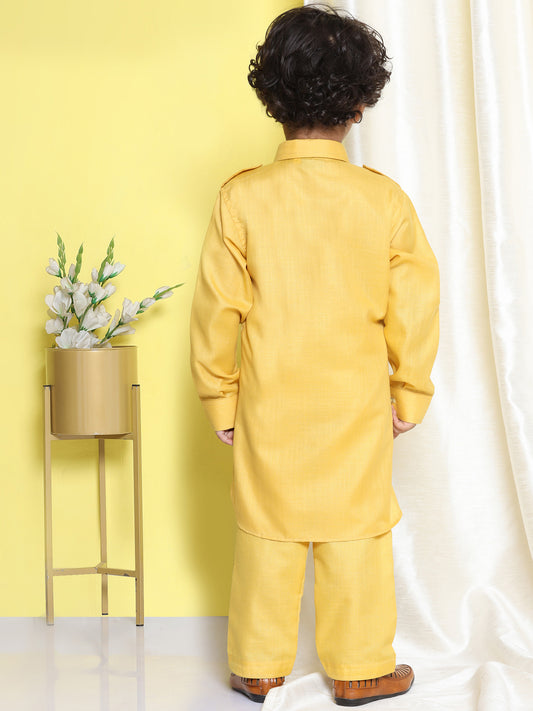 Boys Mustard Solid Cotton Blend Pathani Suit Set for Kids