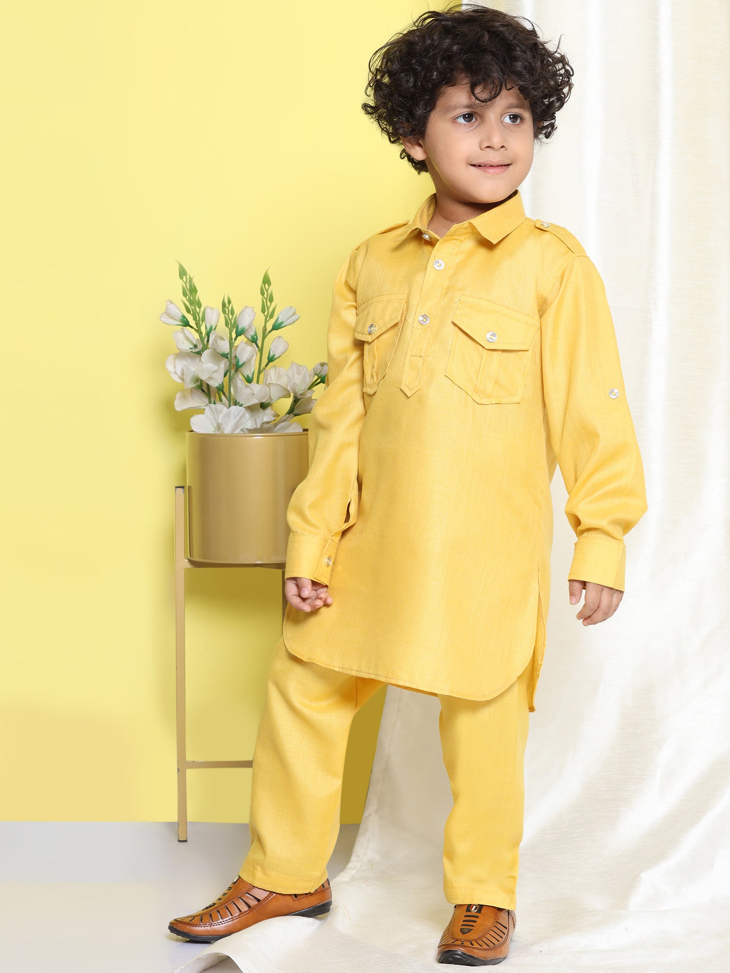 Boys Mustard Solid Cotton Blend Pathani Suit Set for Kids
