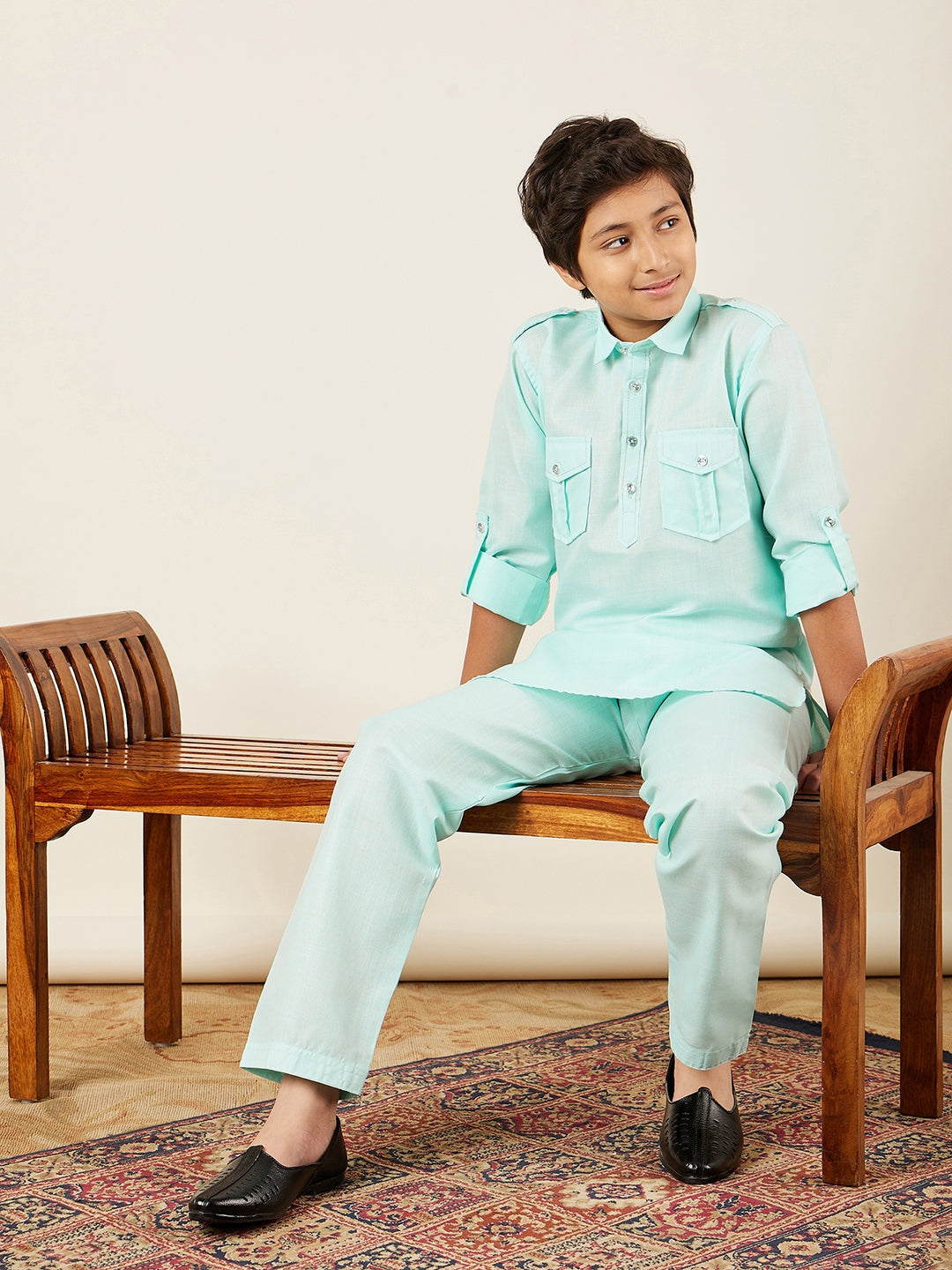 Boys Sky Blue Solid Cotton Blend Pathani Suit Set for Kids
