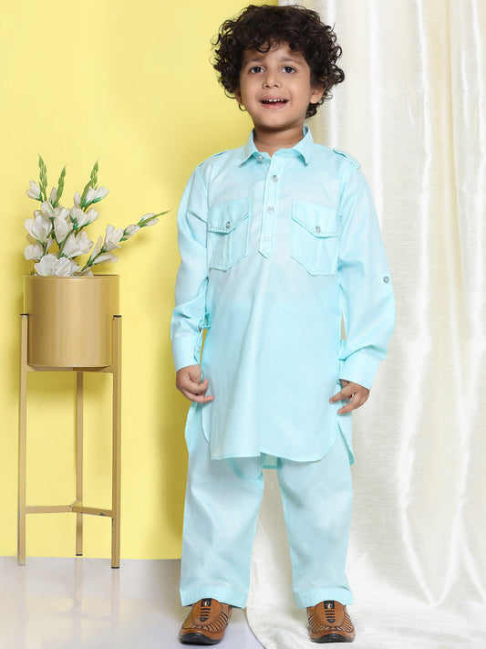 Boys Sky Blue Solid Cotton Blend Pathani Suit Set for Kids