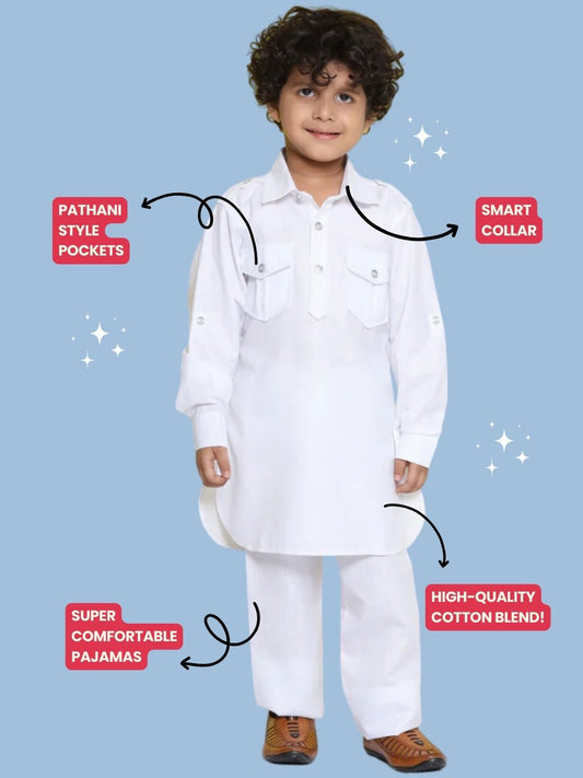 Boys White Solid Cotton Blend Pathani Suit Set for Kids