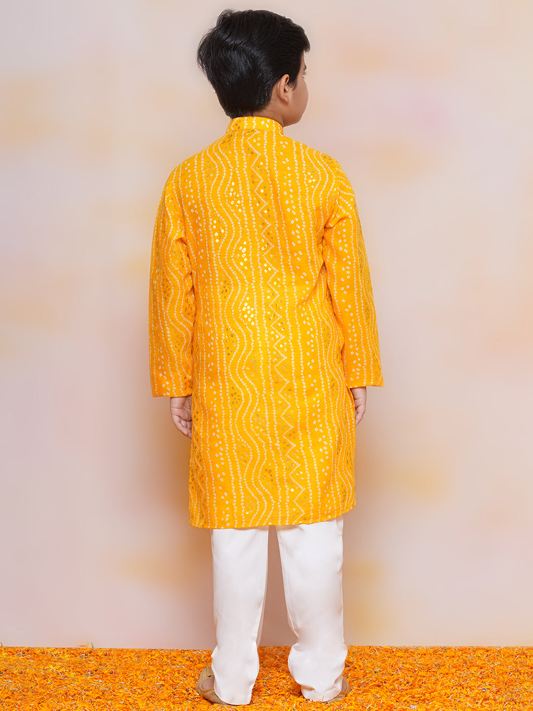 Kids Boys MUStard Bandhani Print Cotton Kurta Pyjama Set