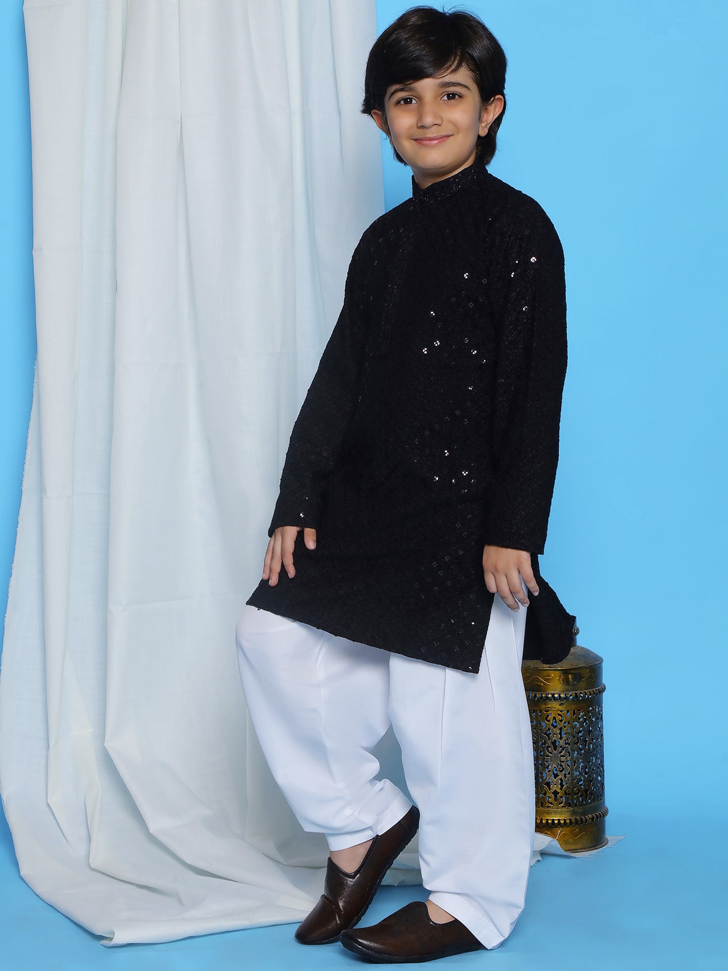 Aj Dezines Black Schiffli Full Sleeves Embroidered Kurta Pyjama Set For Boys
