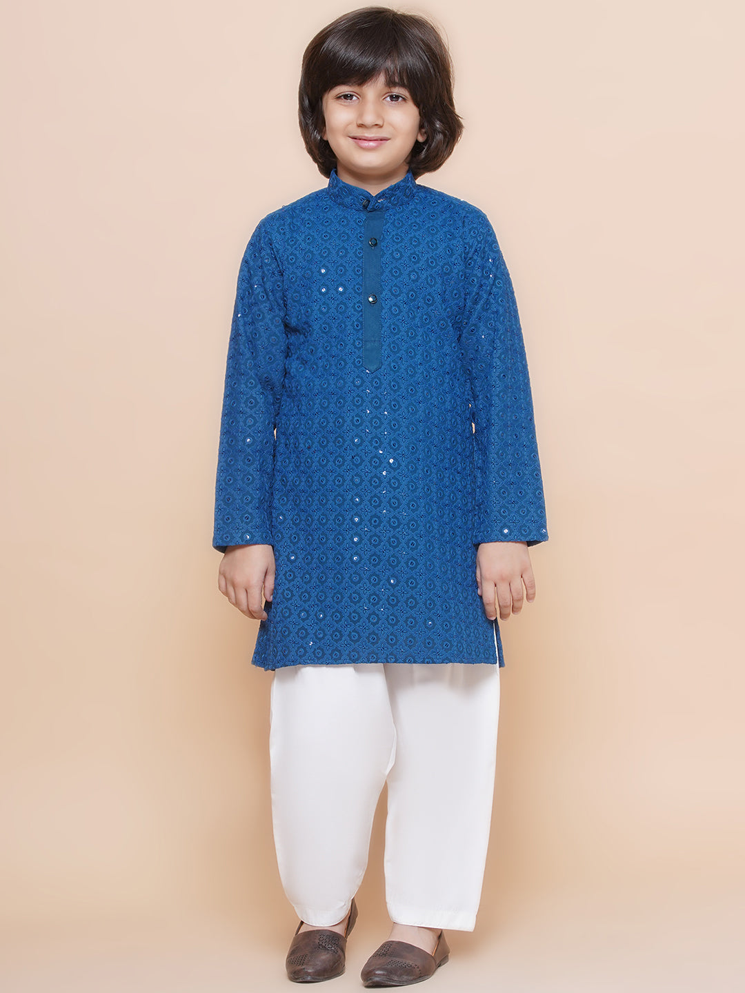 Boys Navy Blue Cotton Sequined Chikankari Kurta Pyjama Set