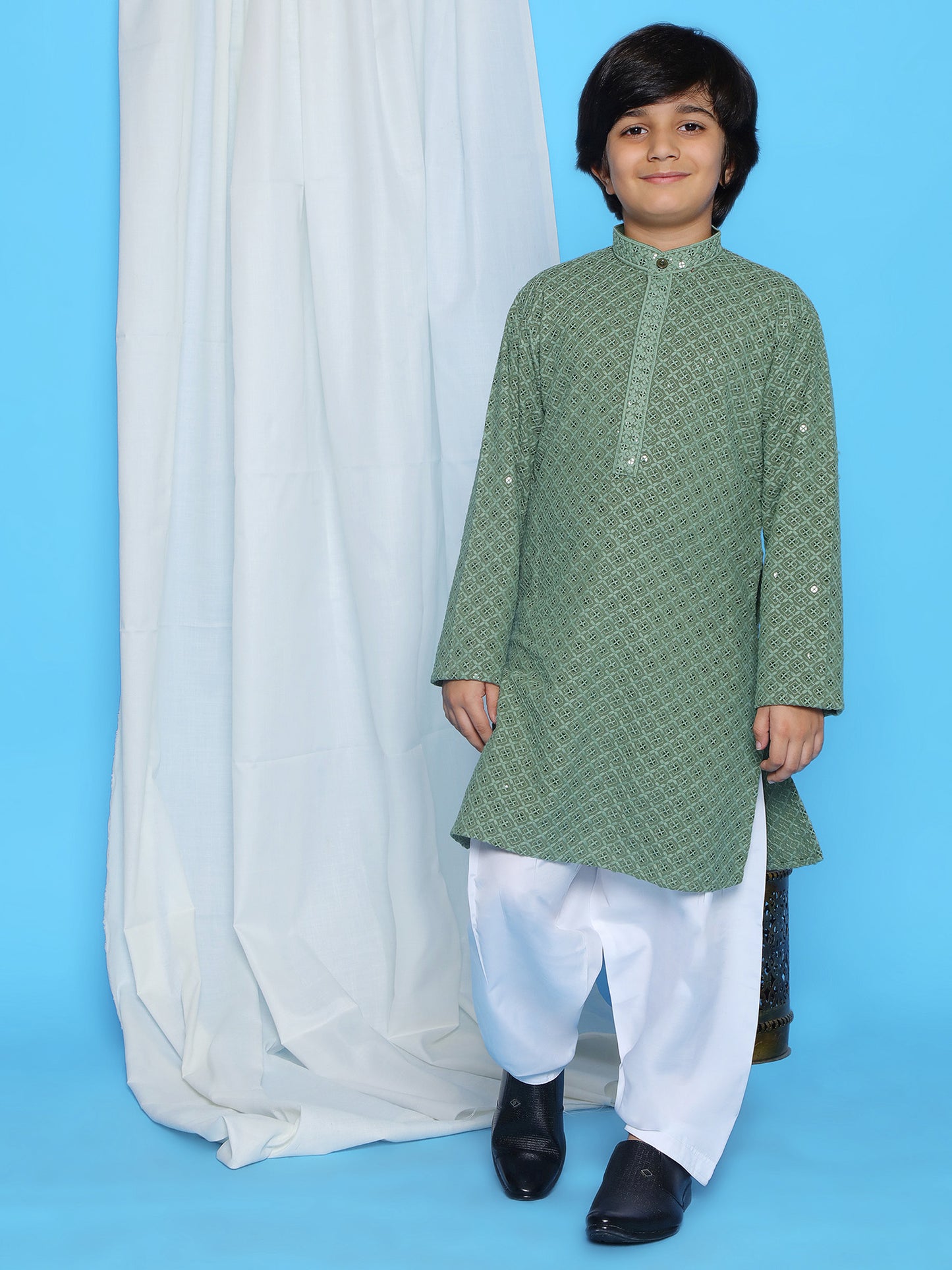Aj Dezines Pista Schiffli Full Sleeves Embroidered Kurta Pyjama Set For Boys