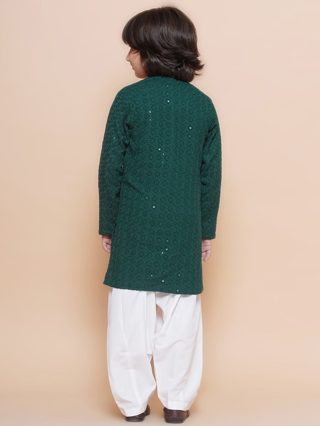 Kids Boys Teal Green Embroidered Cotton Kurta Pyjama Set