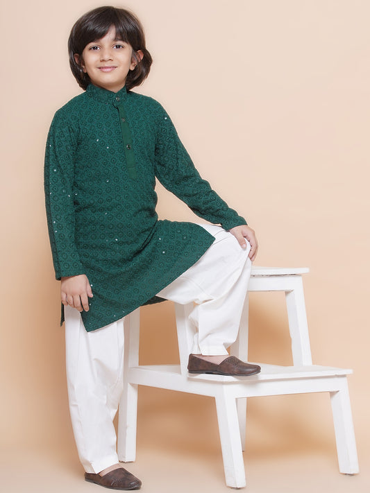 Kids Boys Teal Green Embroidered Cotton Kurta Pyjama Set