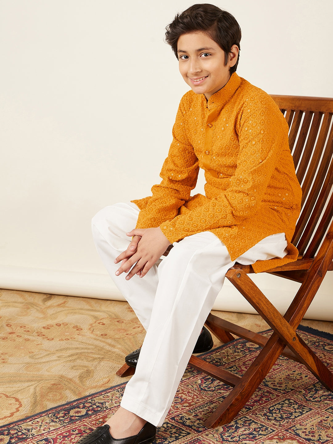 Kids Boys Yellow Embroidered Schiffli Kurta Pyjama Set