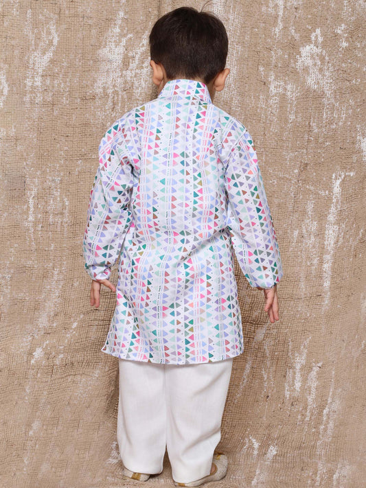 Kids Boys Blue Geometric Print Cotton Kurta Pyjama Set