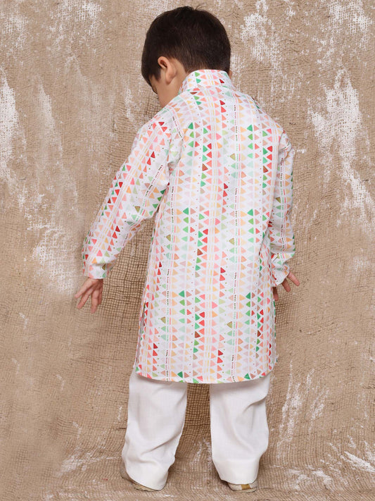 Kids Boys Peach Geometric Print Cotton Kurta Pyjama Set