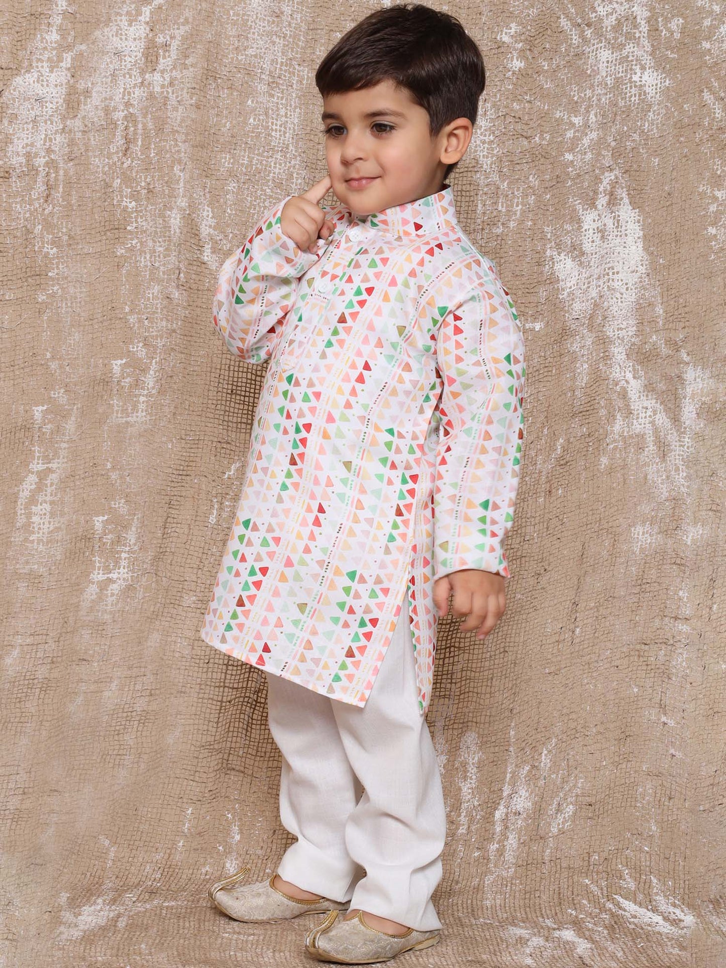 Kids Boys Peach Geometric Print Cotton Kurta Pyjama Set