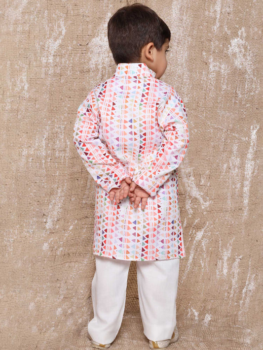 Kids Boys Red Geometric Print Cotton Kurta Pyjama Set