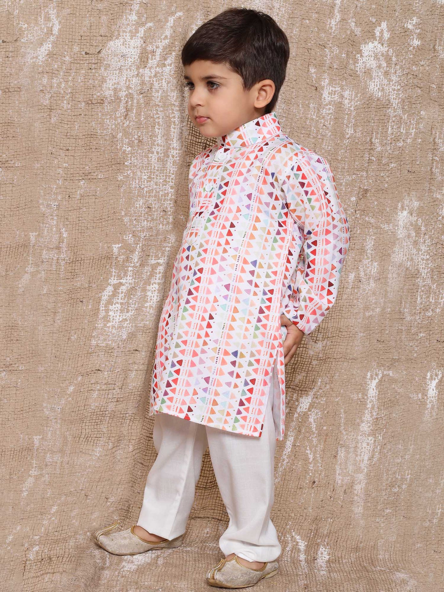 Kids Boys Red Geometric Print Cotton Kurta Pyjama Set