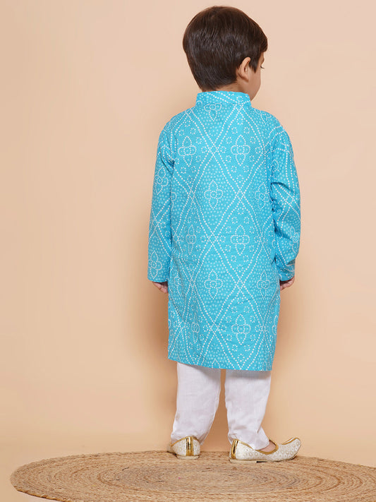 Kids Boys Blue Bandhani Print Cotton Kurta Pyjama Set