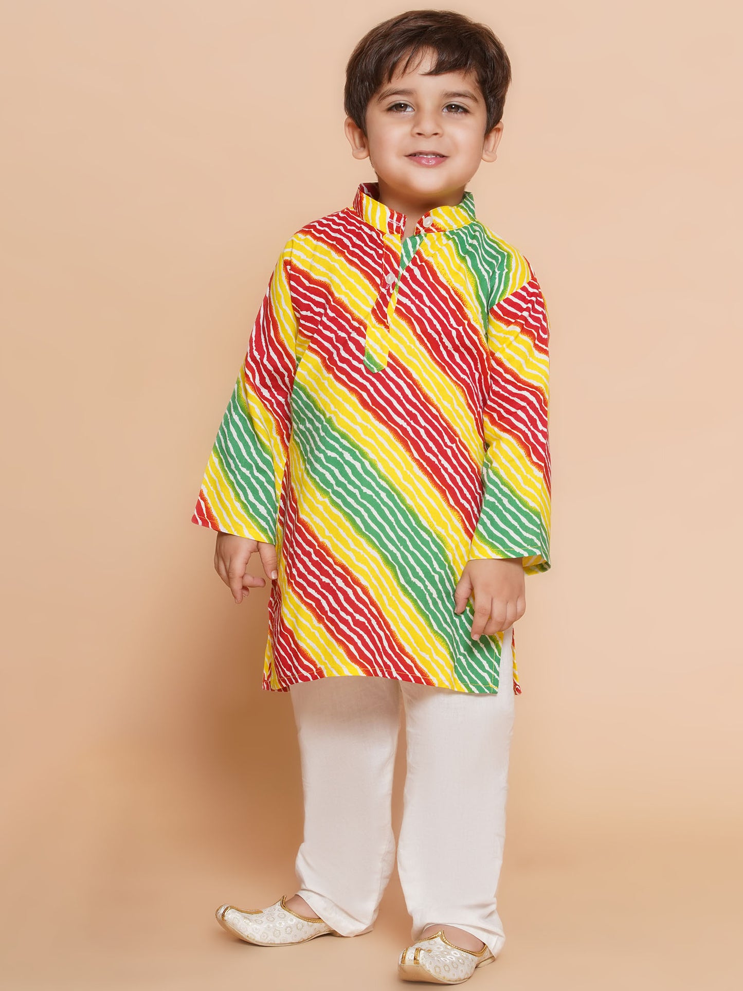 Kids Boys Red Lehariya Cotton Kurta Pyjama Set