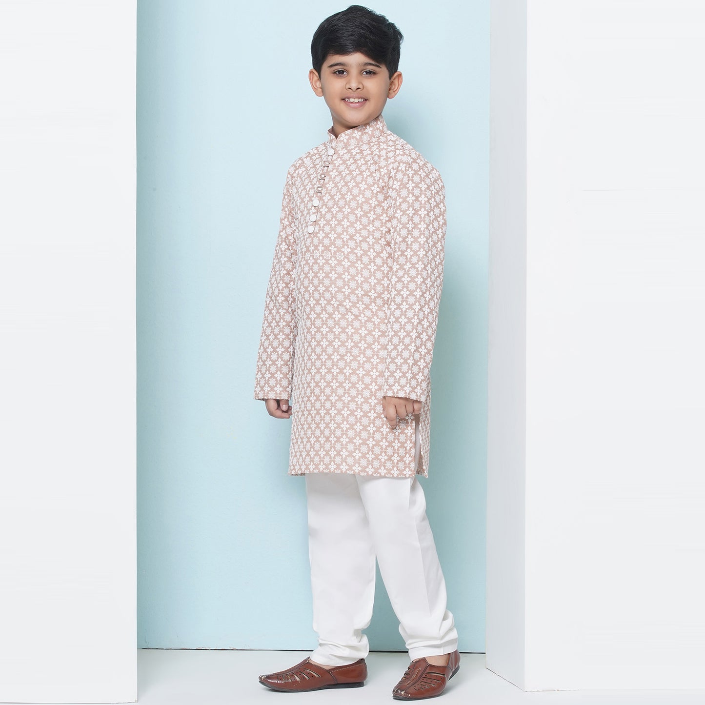 Kids Boys PEACH Embroidered Cotton Kurta Pyjama Set