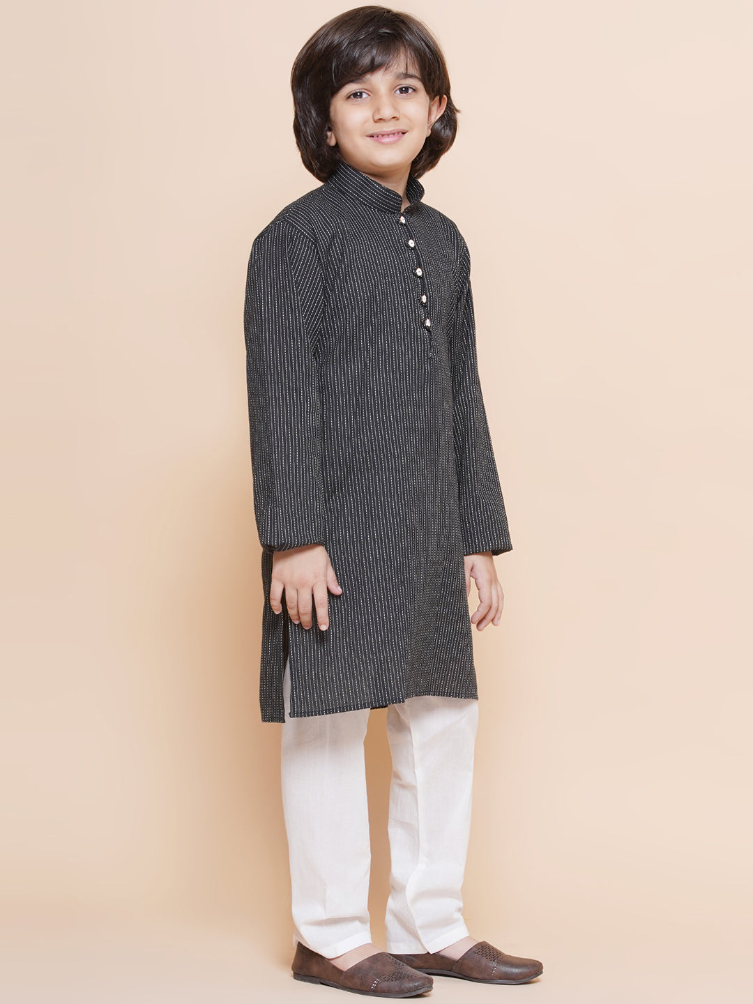 Kids Boys Black Chikankari Cotton Kurta Pyjama Set