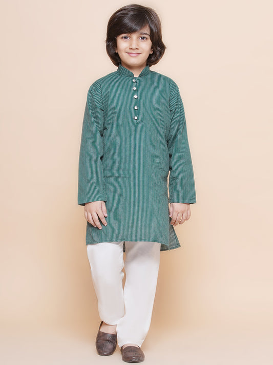 Kids Boys Green Chikankari Cotton Kurta Pyjama Set