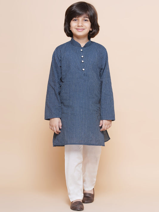 Kids Boys Navy Blue Chikankari Cotton Kurta Pyjama Set