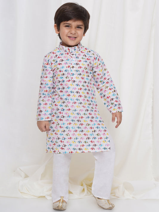 Kids Boys Cream Animal Print Cotton Kurta Pyjama Set