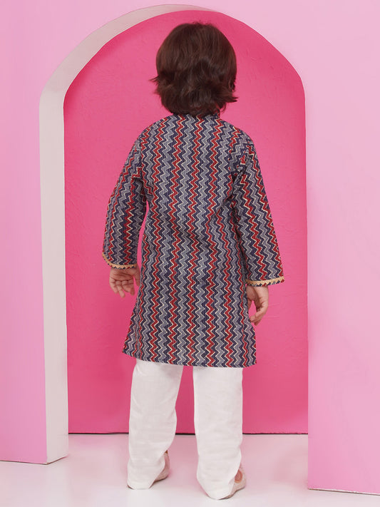 Aj Dezines Dark Blue Pure Cotton Full Sleeves Printed Kurta Pyjama Set For Boys