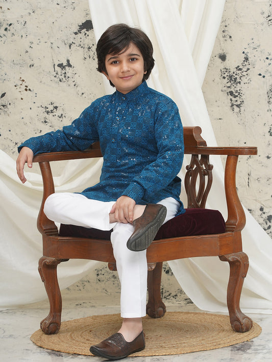 Aj Dezines Blue Full sleeves Sequenced Chikankari Kurta Pyjama For Boys