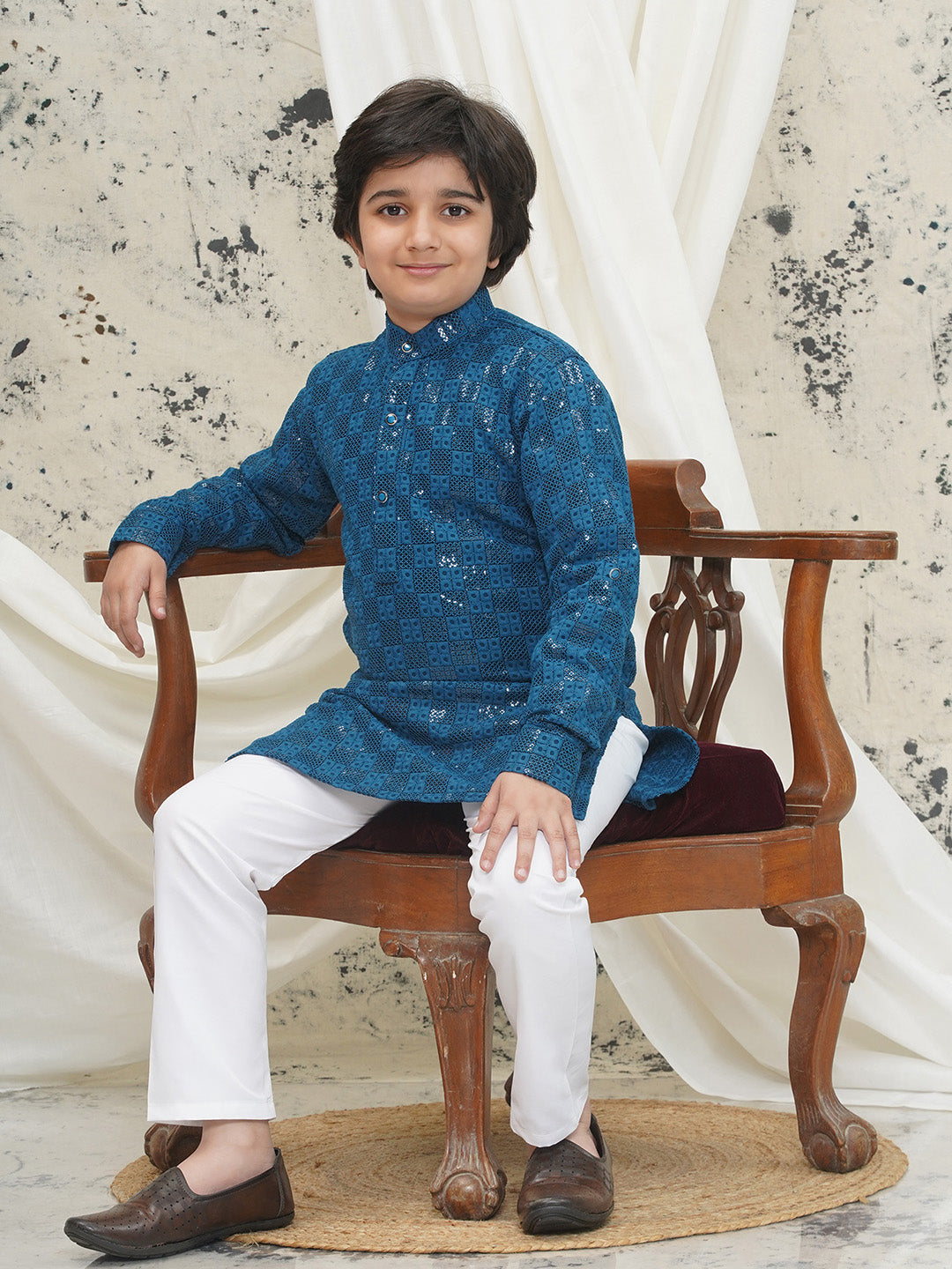 Aj Dezines Blue Full sleeves Sequenced Chikankari Kurta Pyjama For Boys
