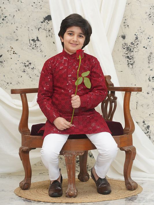 Aj Dezines Maroon Full sleeves Sequenced Chikankari Kurta Pyjama For Boys