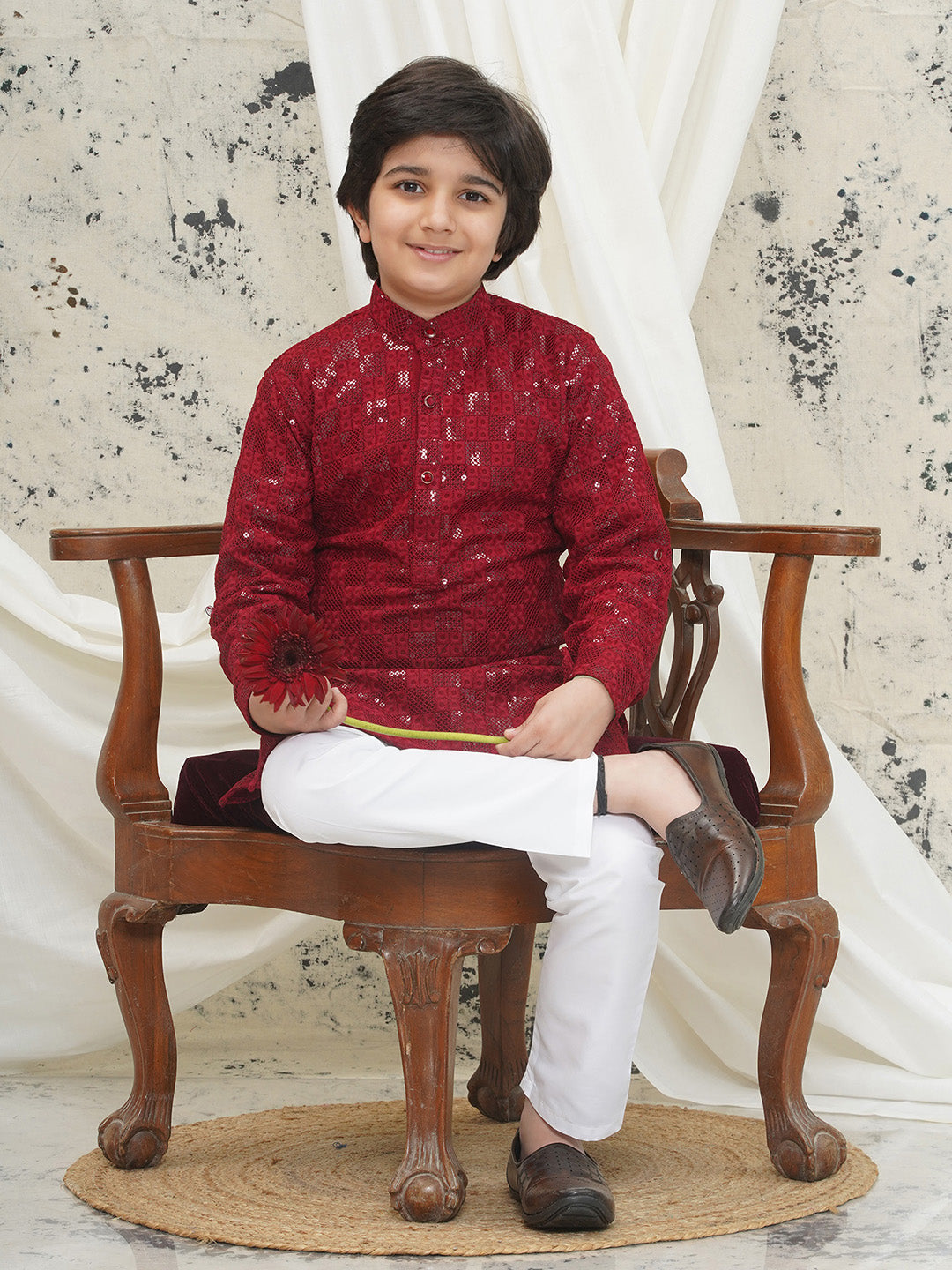 Aj Dezines Maroon Full sleeves Sequenced Chikankari Kurta Pyjama For Boys
