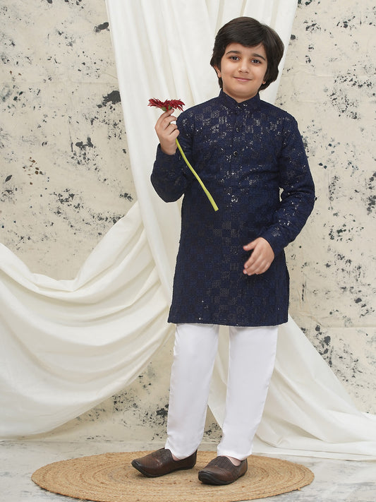 Aj Dezines Dark Blue Full sleeves Sequenced Chikankari Kurta Pyjama For Boys