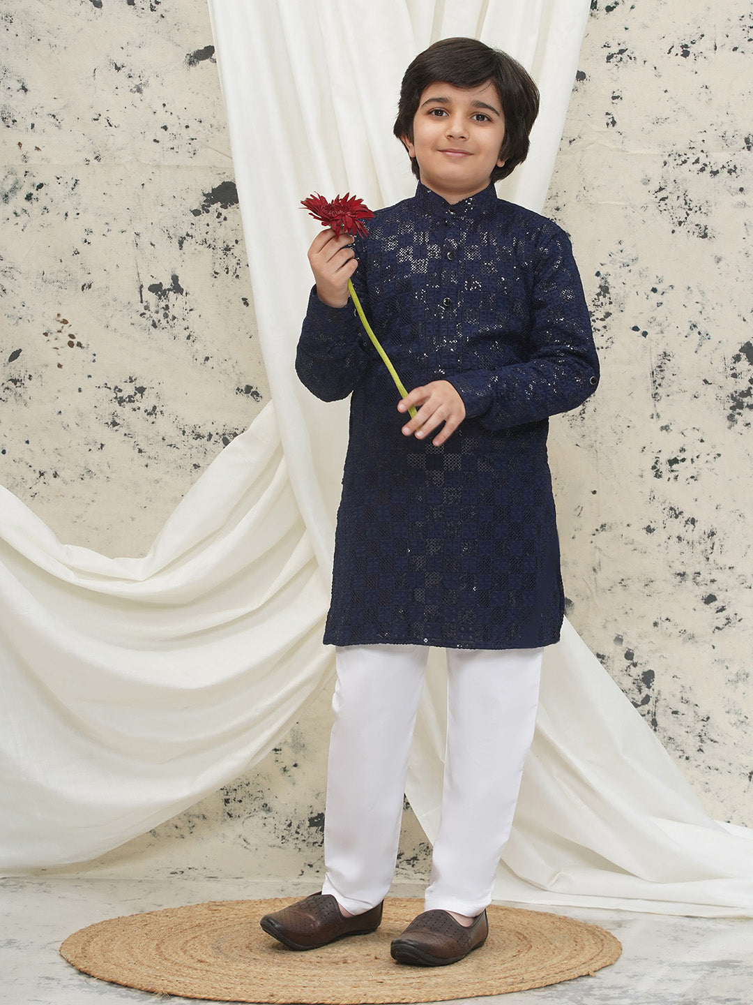 Aj Dezines Dark Blue Full sleeves Sequenced Chikankari Kurta Pyjama For Boys