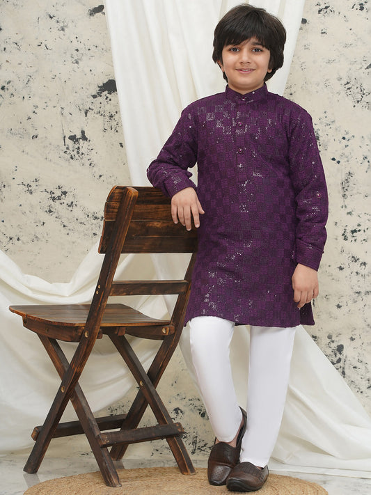 Aj Dezines Purple Full sleeves Sequenced Chikankari Kurta Pyjama For Boys