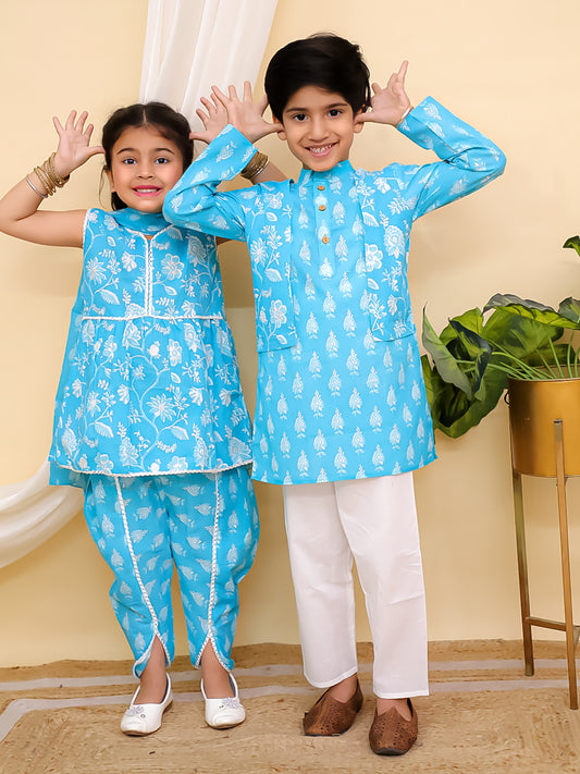 Boys Sky Blue Full sleeves Floral Print Cotton Kurta Pyjama and Sky Blue Sleeveless Floral Print Cotton Girls Suit Set For Girls - Sibling Set