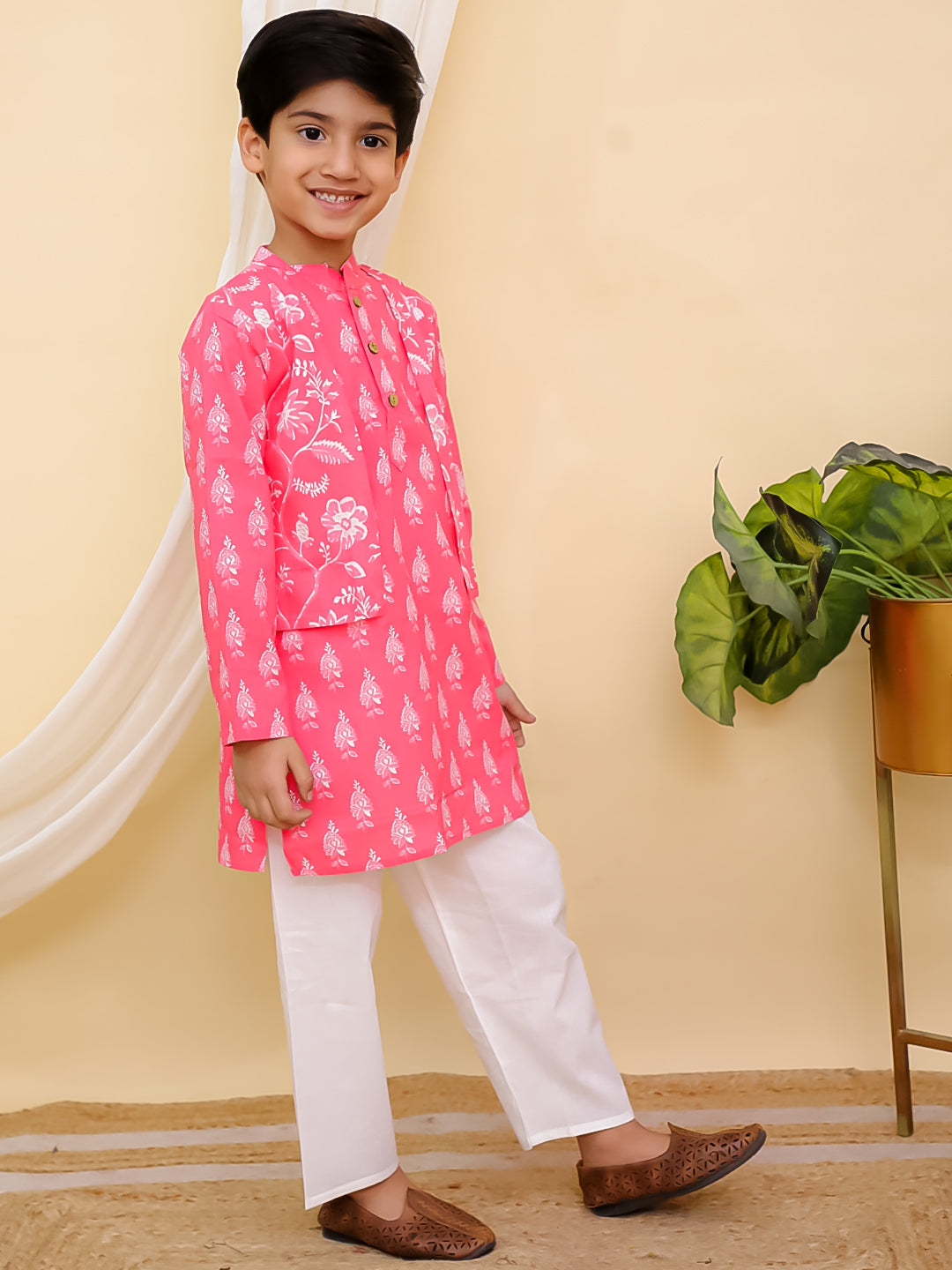 Boys Pink Full sleeves Floral Print Cotton Kurta Pyjama and Pink Sleeveless Floral Print Cotton Girls Suit Set For Girls - Sibling Set