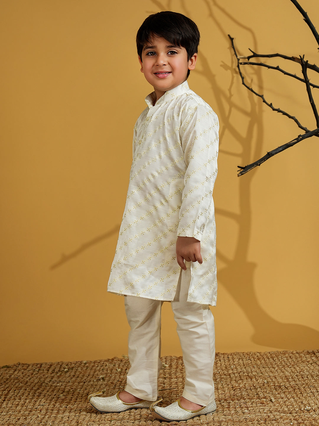AJ Dezines White Silk Blend Full Sleeves Embroidered Kurta Pyjama Set