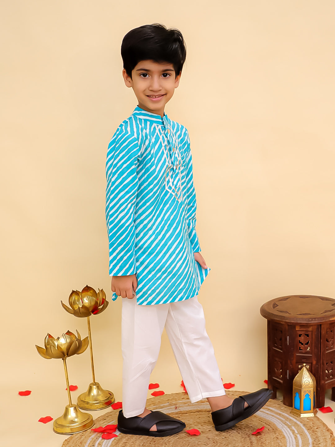 Boys Blue Cotton Full sleeves Leheriya Print Kurta Pyjama Set and Blue Cotton 3/4th Sleeves Leheriya Print Girls Suit Set - Sibling Set