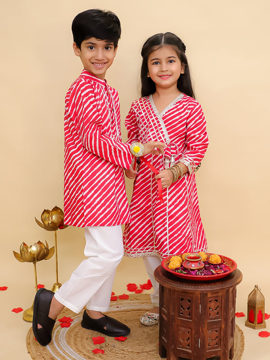 Boys Red Cotton Full sleeves Leheriya Print Kurta Pyjama Set and Red Cotton 3/4th Sleeves Leheriya Print Girls Suit Set - Sibling Set