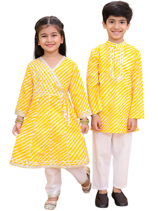 Boys Yellow Cotton Full sleeves Leheriya Print Kurta Pyjama Set and Yellow Cotton 3/4th Sleeves Leheriya Print Girls Suit Set - Sibling Set