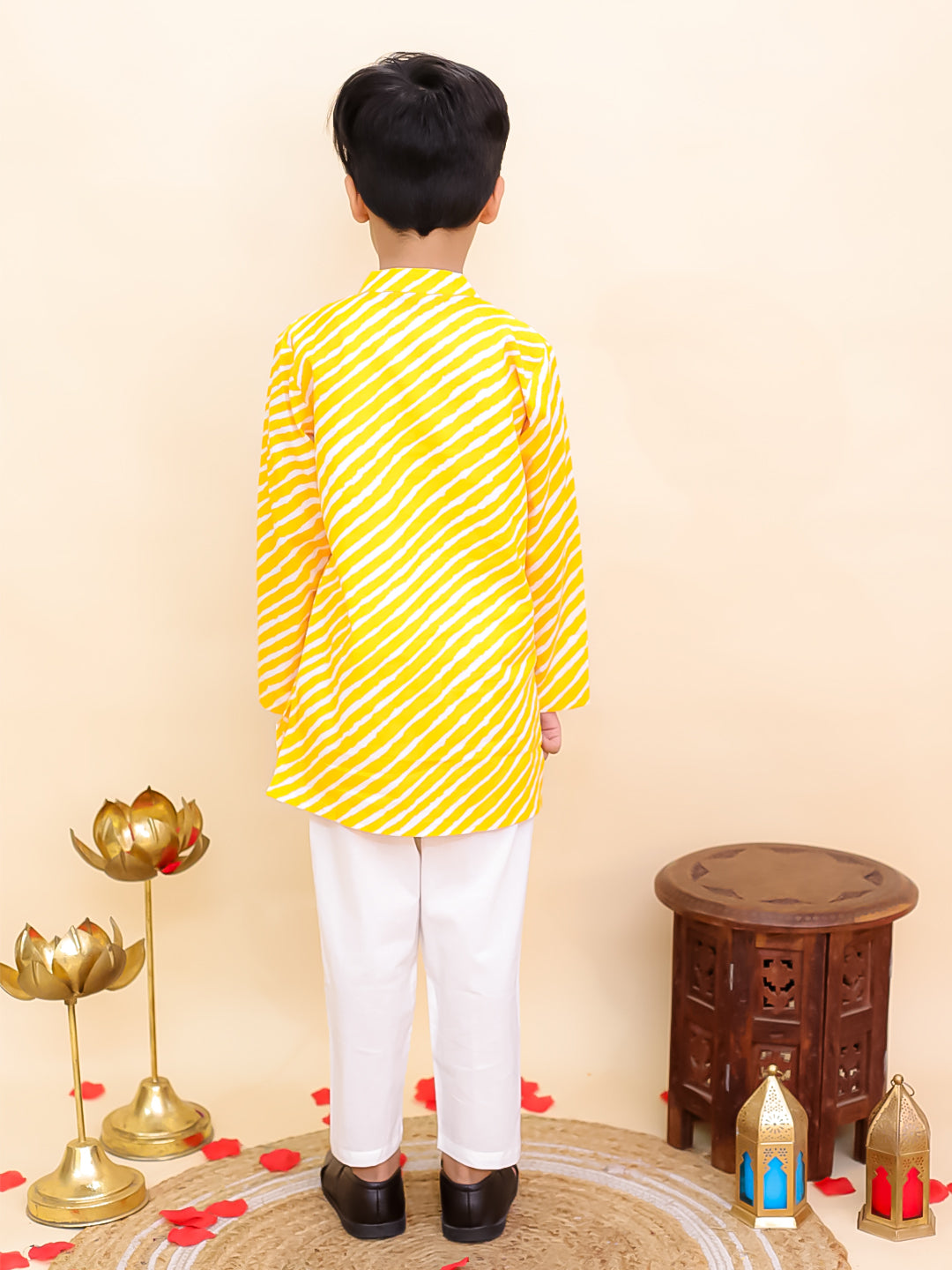 Boys Yellow Cotton Full sleeves Leheriya Print Kurta Pyjama Set and Yellow Cotton 3/4th Sleeves Leheriya Print Girls Suit Set - Sibling Set