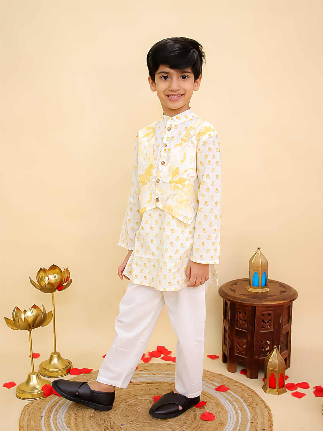 Boys Mustard Cotton Full sleeves Floral Print Kurta Pyjama Set and Mustard Cotton Sleeveless Floral Printed Girls Sibling Set