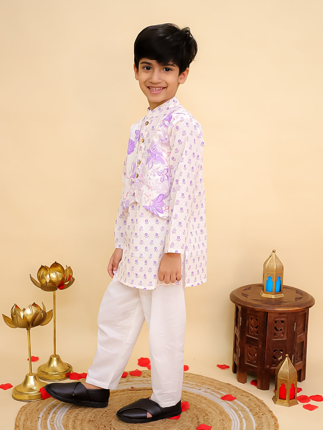AJ Dezines Purple Cotton Full sleeves Floral Print Kurta Pyjama Set