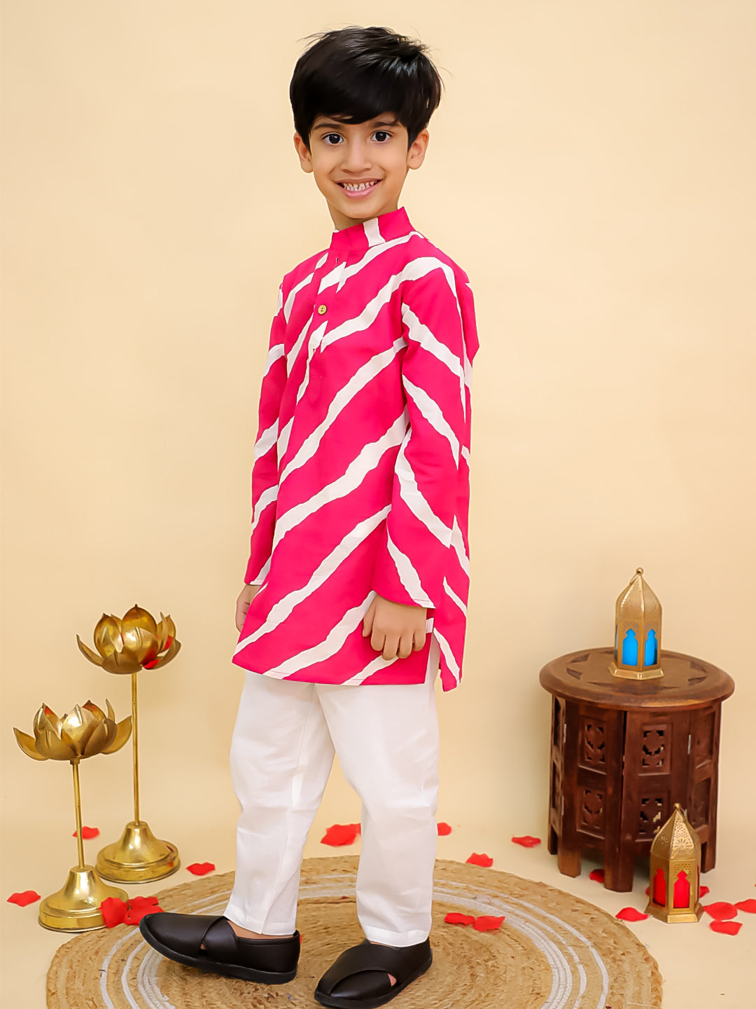 Boys Pink Cotton Full sleeves Leheriya Print Kurta Pyjama Set and Pink Cotton Sleeveless Floral Printed Girls Co-Ords with Gotta Work - Sibling Set