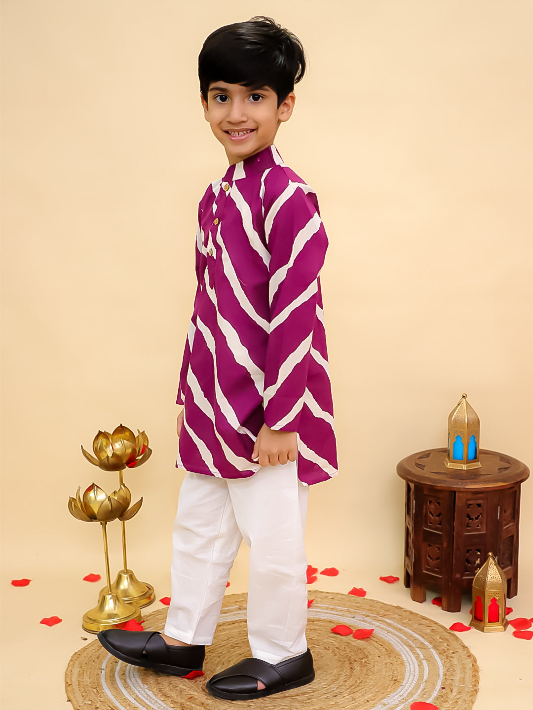 AJ Dezines Purple Cotton Full sleeves Leheriya Print Kurta Pyjama Set