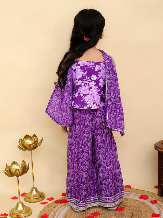 AJ Dezines Purple Cotton Sleeveless Floral Printed Girls Co-Ords