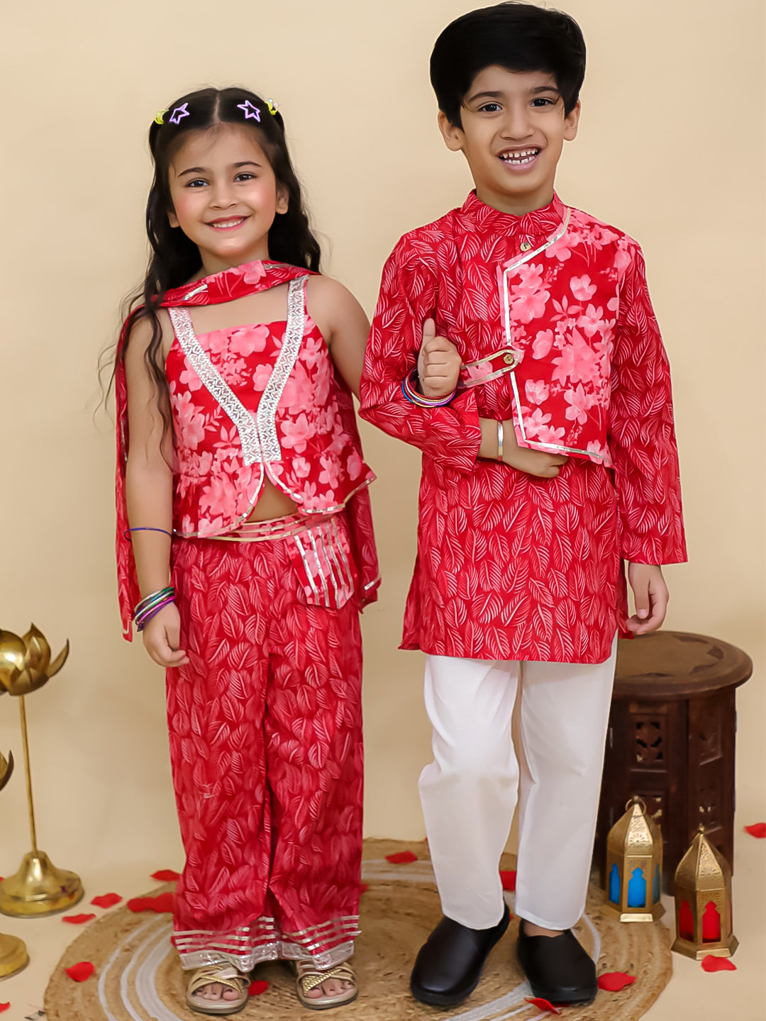 Boys Red Cotton Full sleeves Floral Print Kurta Pyjama Set and Red Cotton Sleeveless Floral Printed Girls Co-Ords - Sibling Set