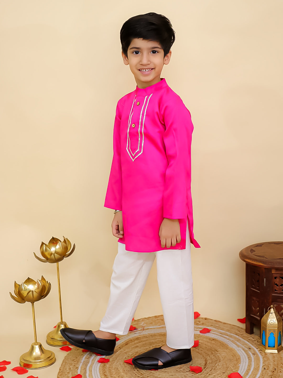 Boys Pink Cotton Full sleeves Solid Kurta Pyjama Set and Pink Cotton 3/4th Sleeves Solid Girls Suit Set - Sibling Set