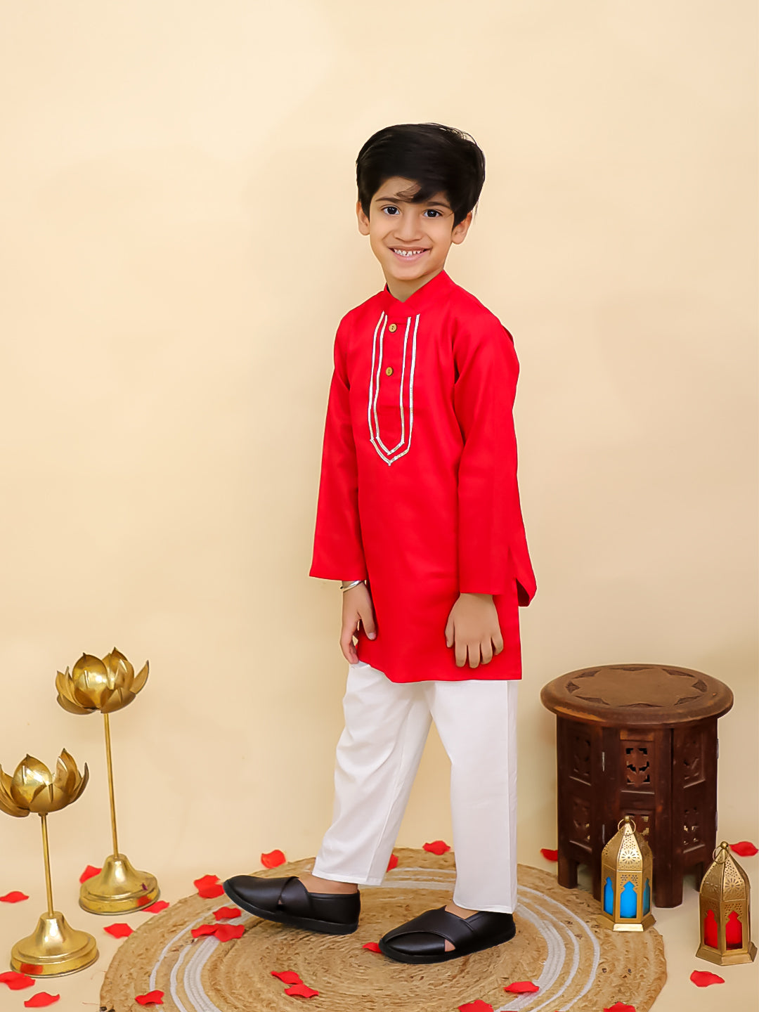 AJ Dezines Red Cotton Full sleeves Solid Kurta Pyjama Set