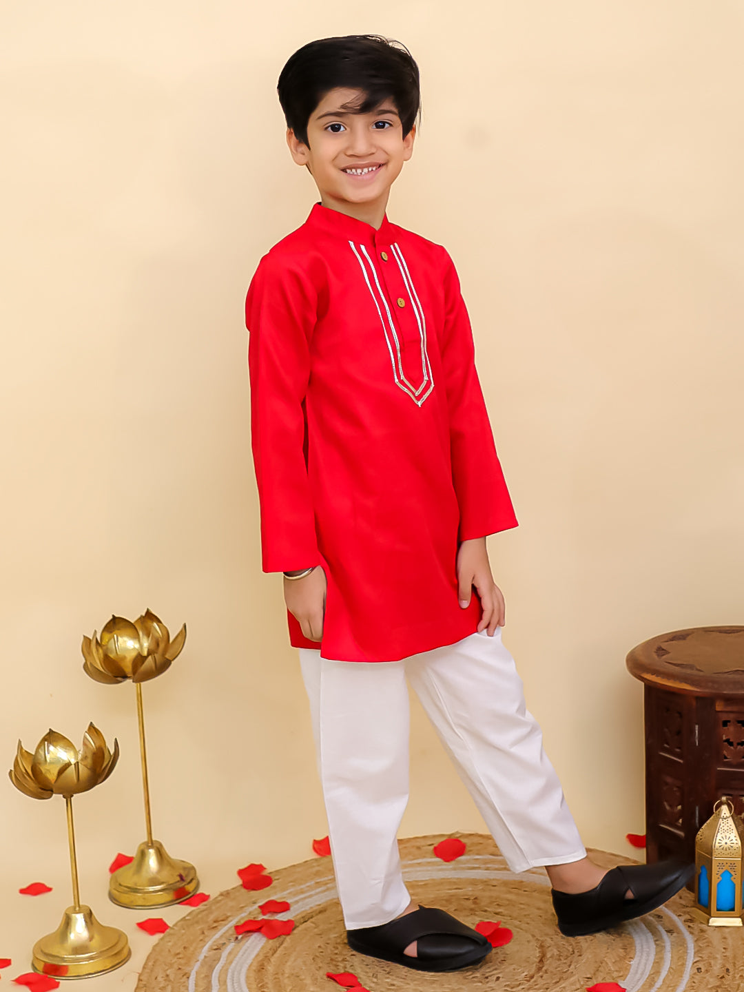 Boys Red Cotton Full sleeves Solid Kurta Pyjama Set and Red Cotton 3/4th Sleeves Solid Girls Suit Set - Sibling Set